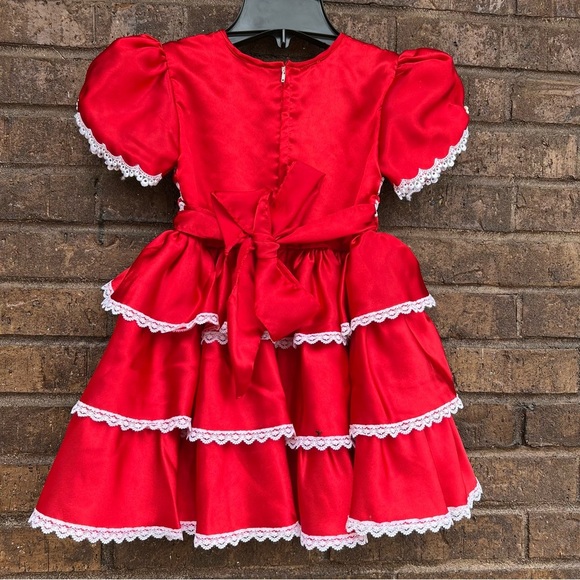 Vintage 80s/90s Red Ruffle White Lace Dress -Embroidered Roses Sz 5 - Picture 8 of 10